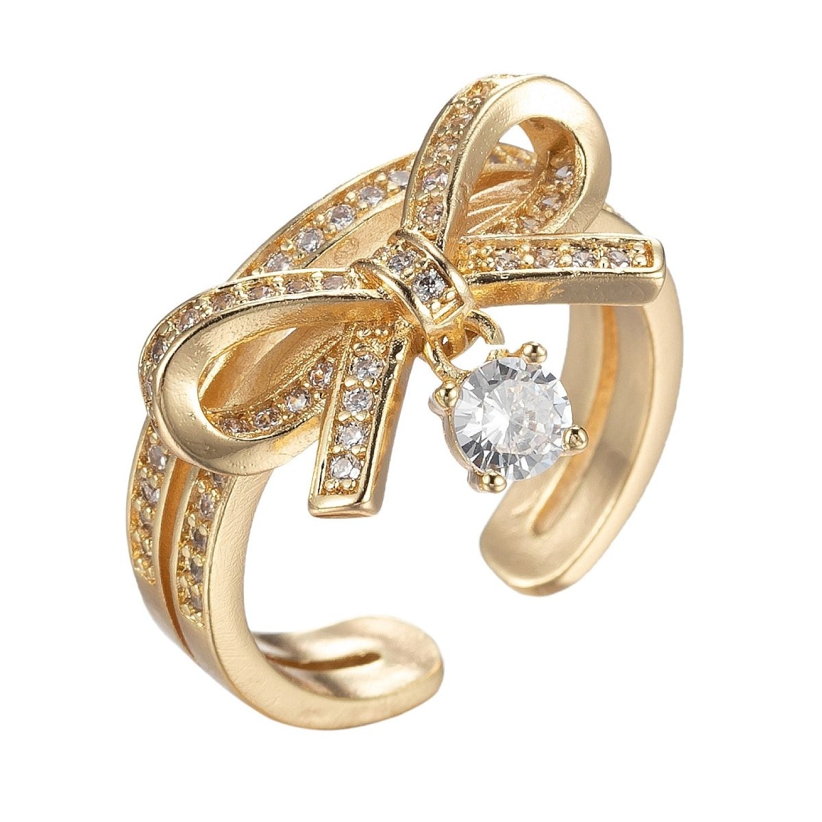 Dainty Ribbon Ring Gold Band Bow Ring Micro Pave Open Ring O-985 - DLUXCA