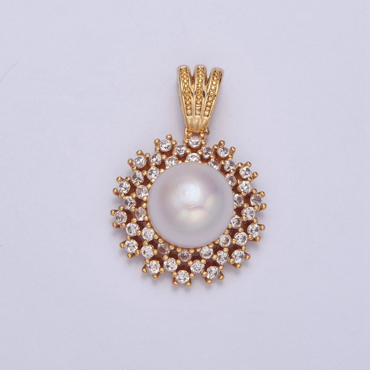 Dainty Round Pave Genuine Shell Pearl Pendant Minimalist Bridal Wedding Jewelry I-029 - DLUXCA