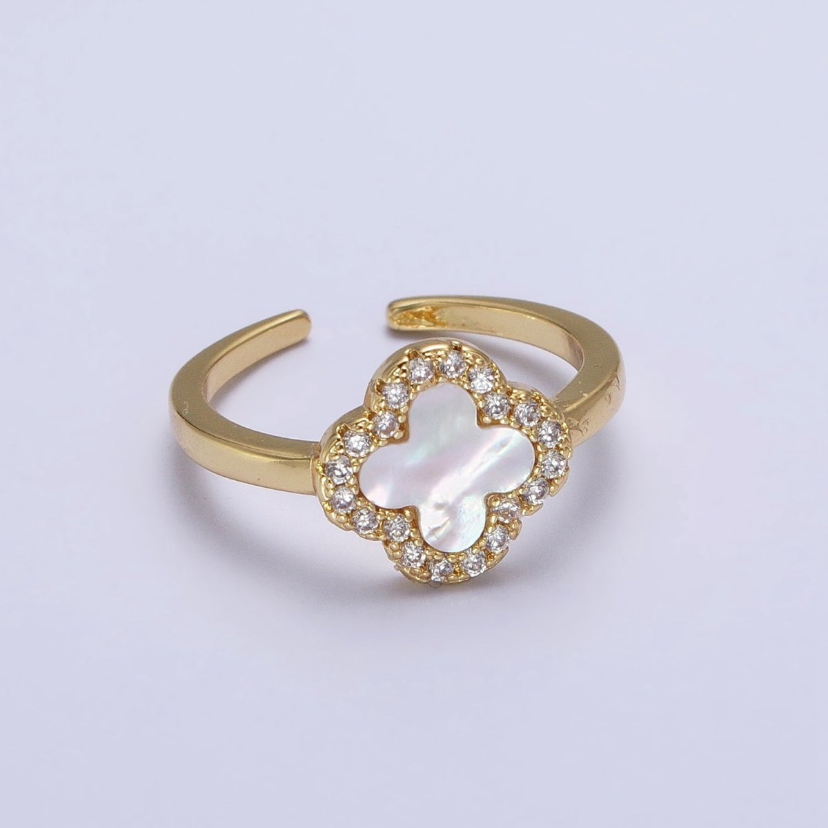 Dainty Shell Pearl Clover Ring Micro Pave Quatrefoil Ring Lucky Jewelry Four leaf Ring Y-604 - DLUXCA