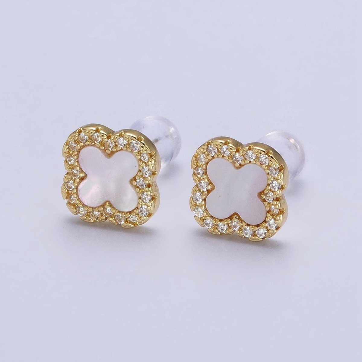 Dainty Shell Pearl Clover Stud Earring in 24K Gold Filled AB-1017 - DLUXCA