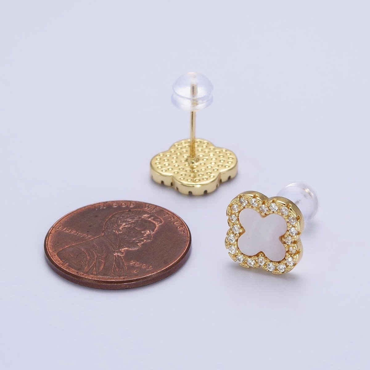 Dainty Shell Pearl Clover Stud Earring in 24K Gold Filled AB-1017 - DLUXCA