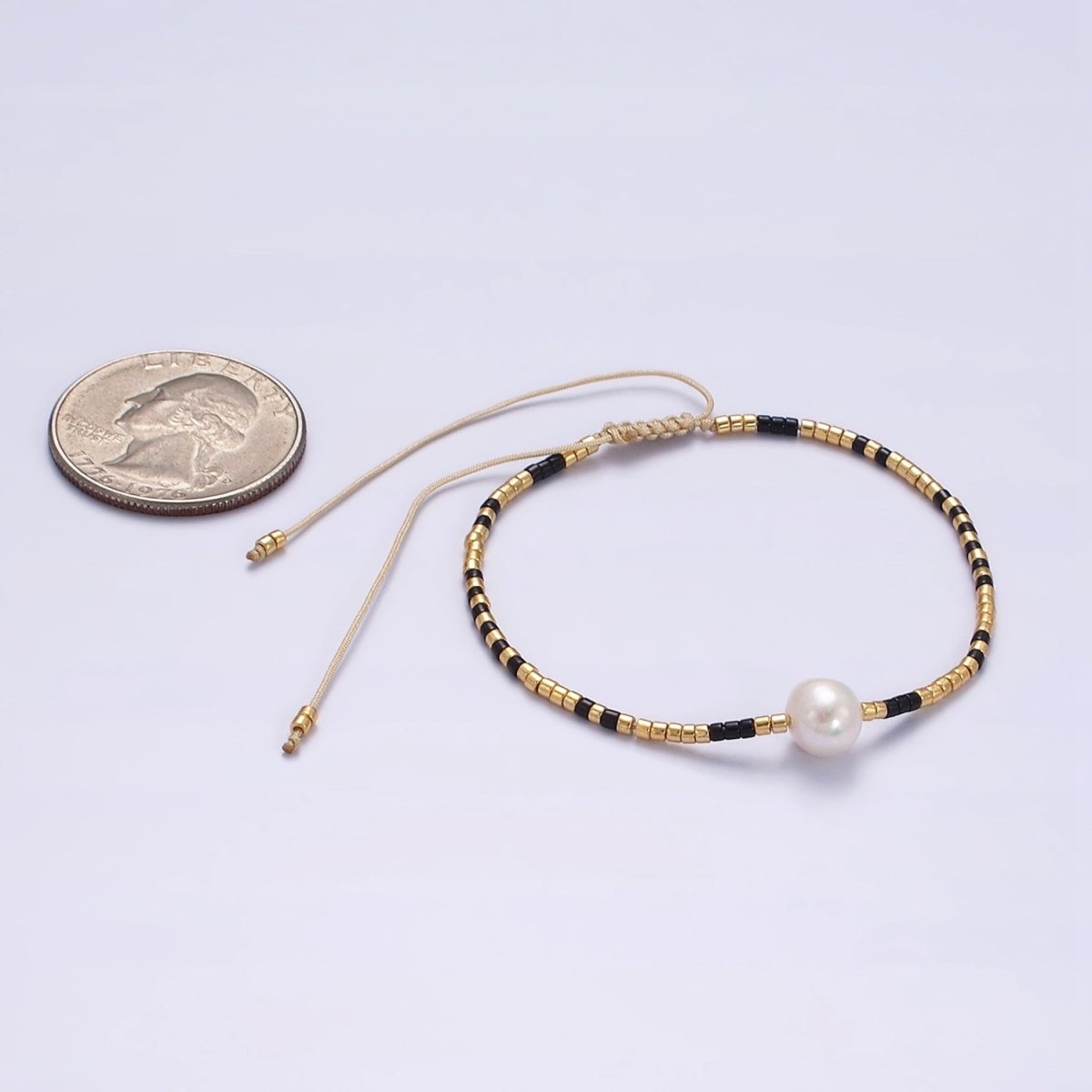 Dainty Shell Pearl Cord Bracelet with Gold Black Beaded Adjustable Bracelet | WA-2203 Clearance Pricing - DLUXCA