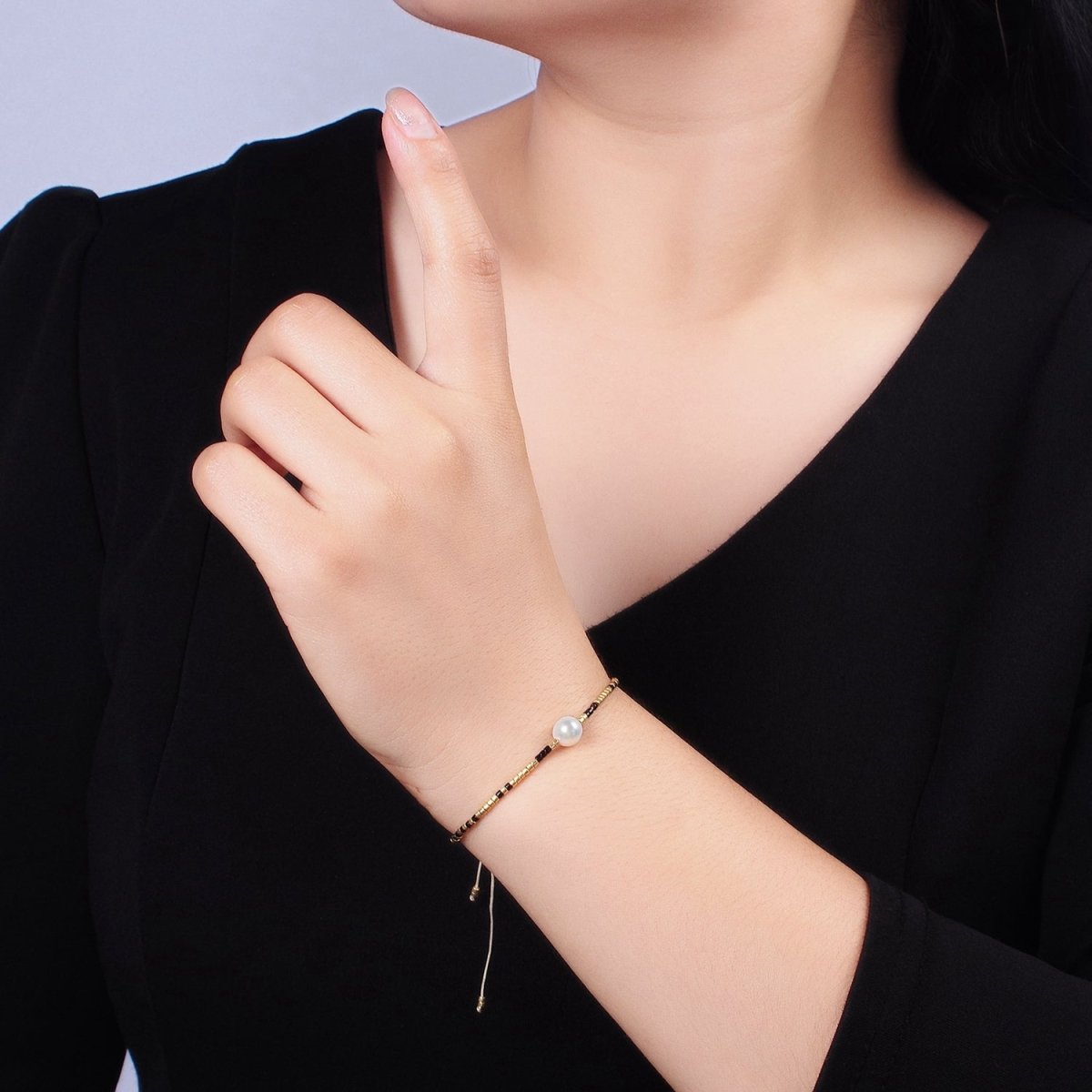 Dainty Shell Pearl Cord Bracelet with Gold Black Beaded Adjustable Bracelet | WA-2203 Clearance Pricing - DLUXCA