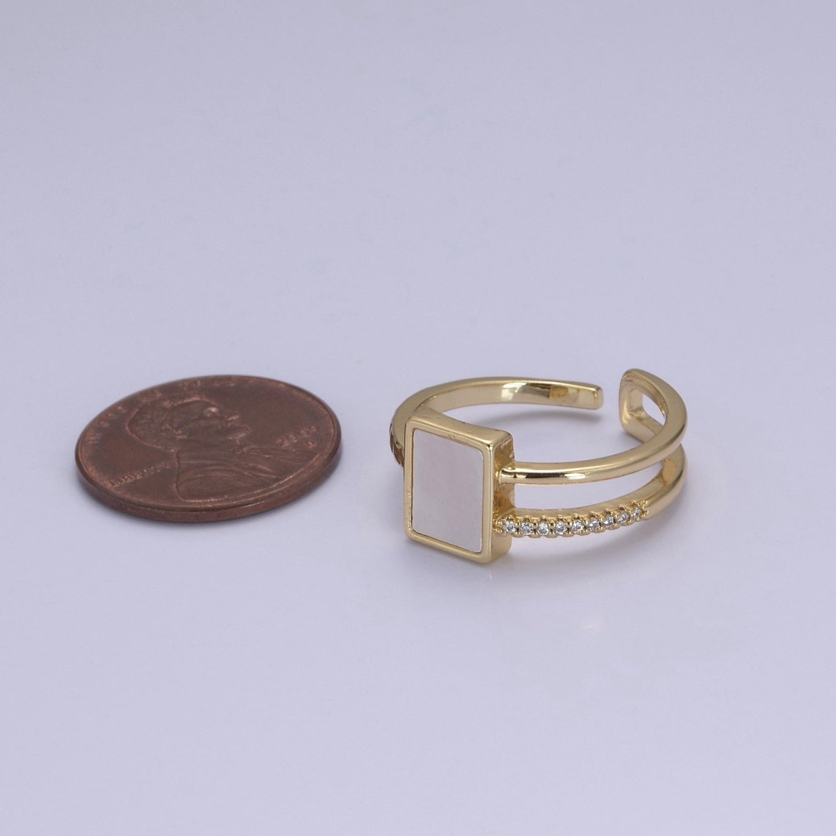 Dainty Shell Pearl Ring Square Pearl with Micro Pave CZ Gold Band Open Adjustable S-436 - DLUXCA