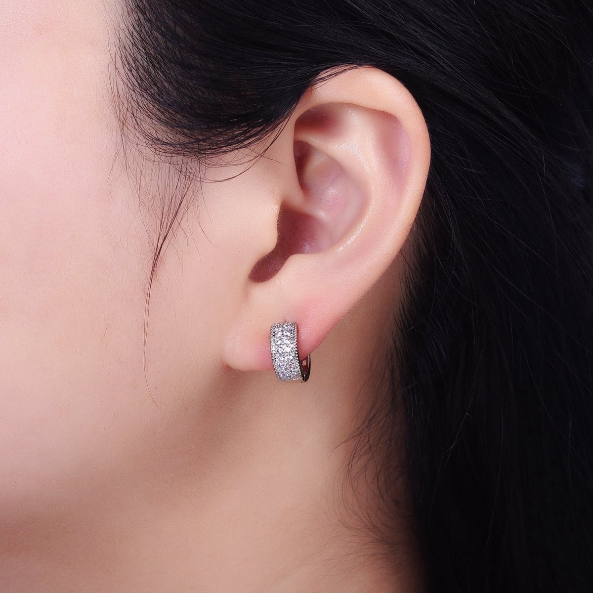 Dainty Silver Huggie Earring with Micro Pave Stone Lever Back Earring AB782 - DLUXCA