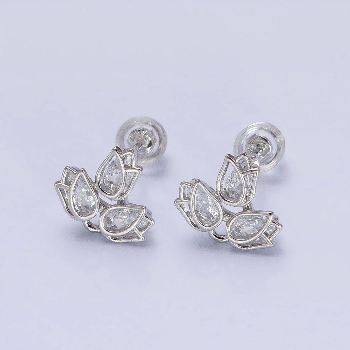 Dainty Silver Lotus Stud Earring With Cz Stone Tear Drop Cubic Stone AB660 - DLUXCA