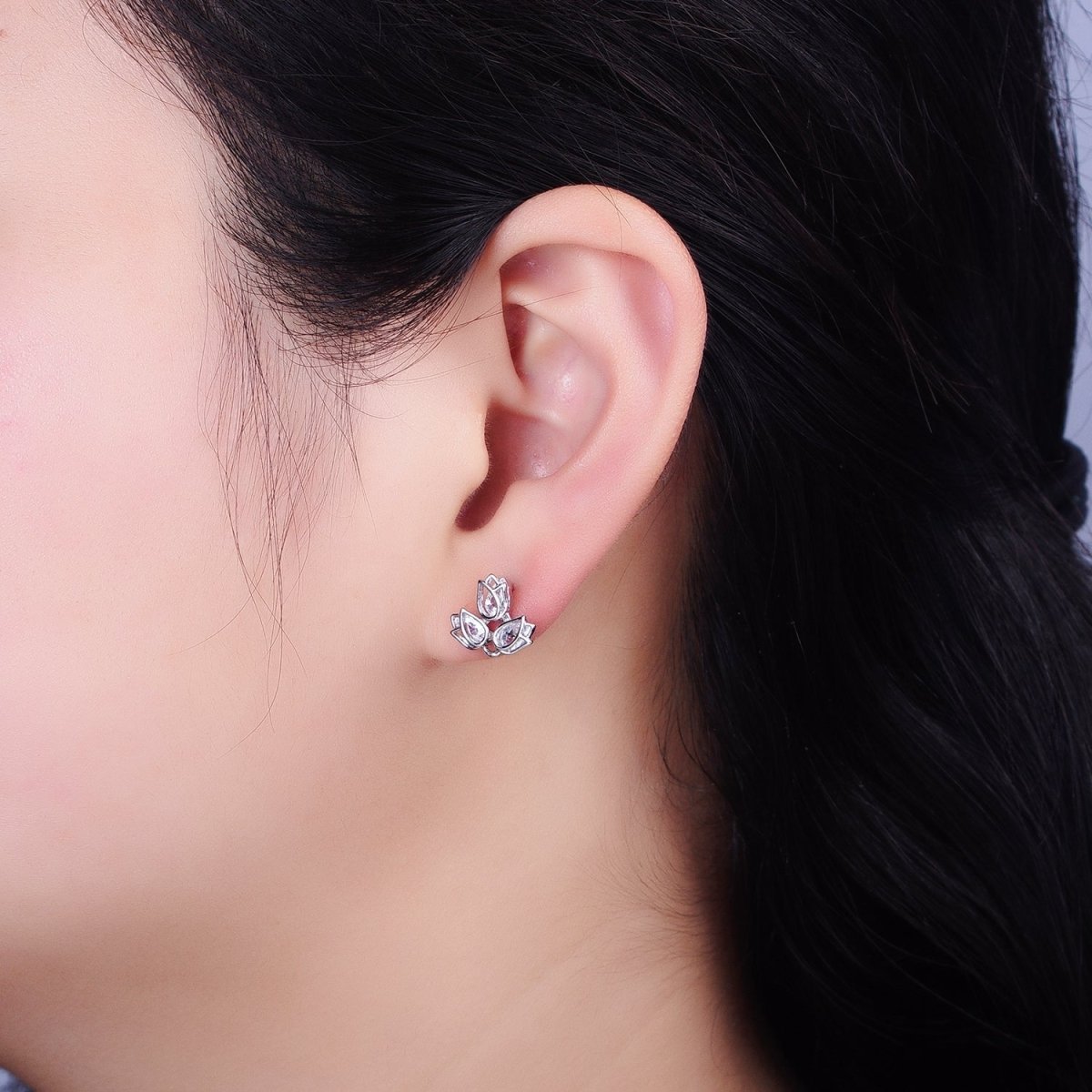 Dainty Silver Lotus Stud Earring With Cz Stone Tear Drop Cubic Stone AB660 - DLUXCA