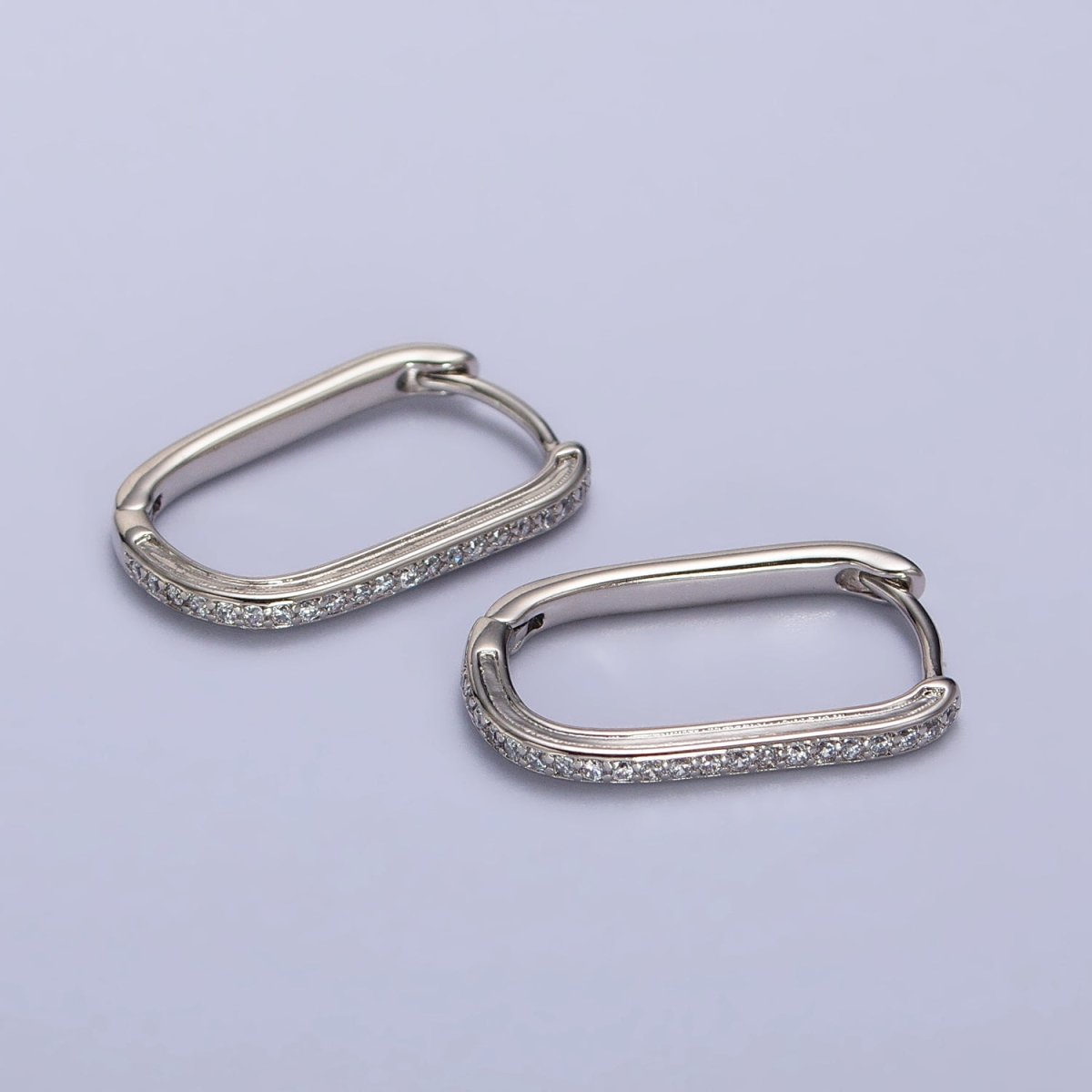 Dainty silver oval hoops, Dainty Minimalist Rectangle Hoop Earrings With CZ Oblong Hoop AB1047 - DLUXCA