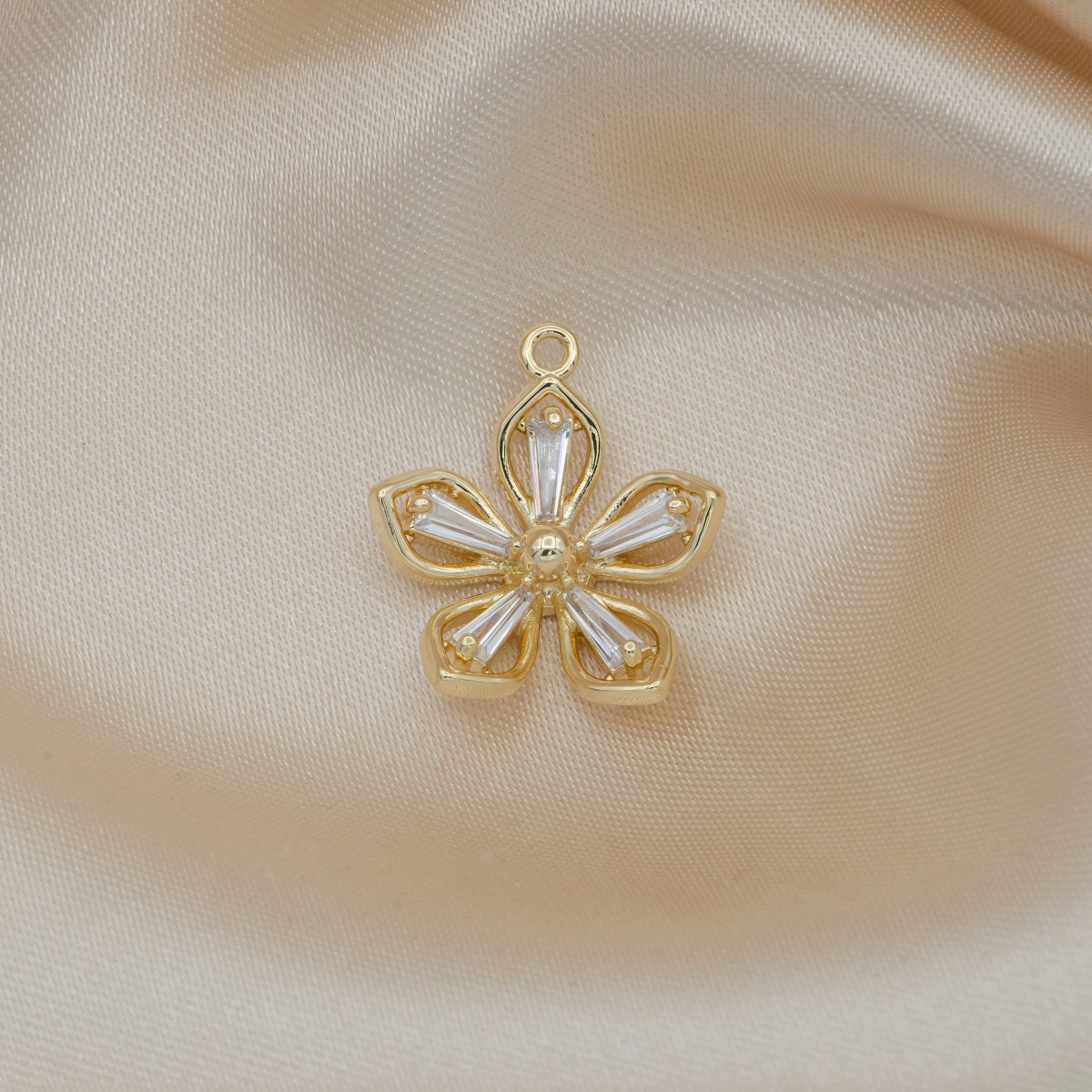 Dainty Single Golden Jasmine Flower Charm CZ Tiny Floral Nature Charm Pendant GP-276 - DLUXCA