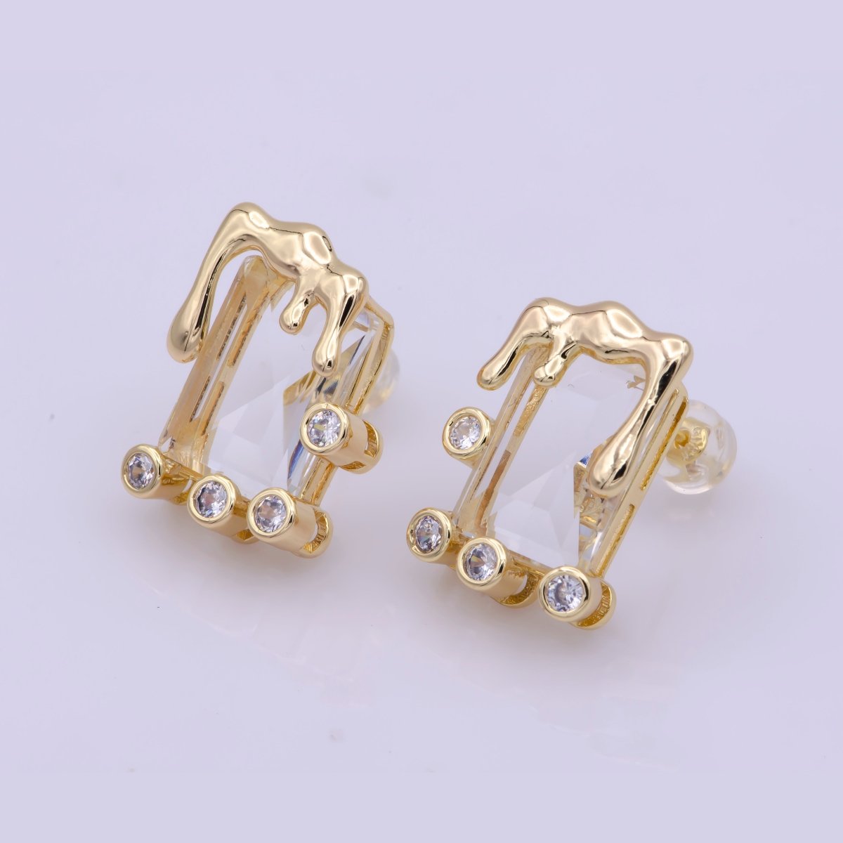 Dainty Square Stud Earring Melted Ice Cream Stud Earring Geometric Jewelry Clear Pink CZ Stud T-192 T-193 - DLUXCA