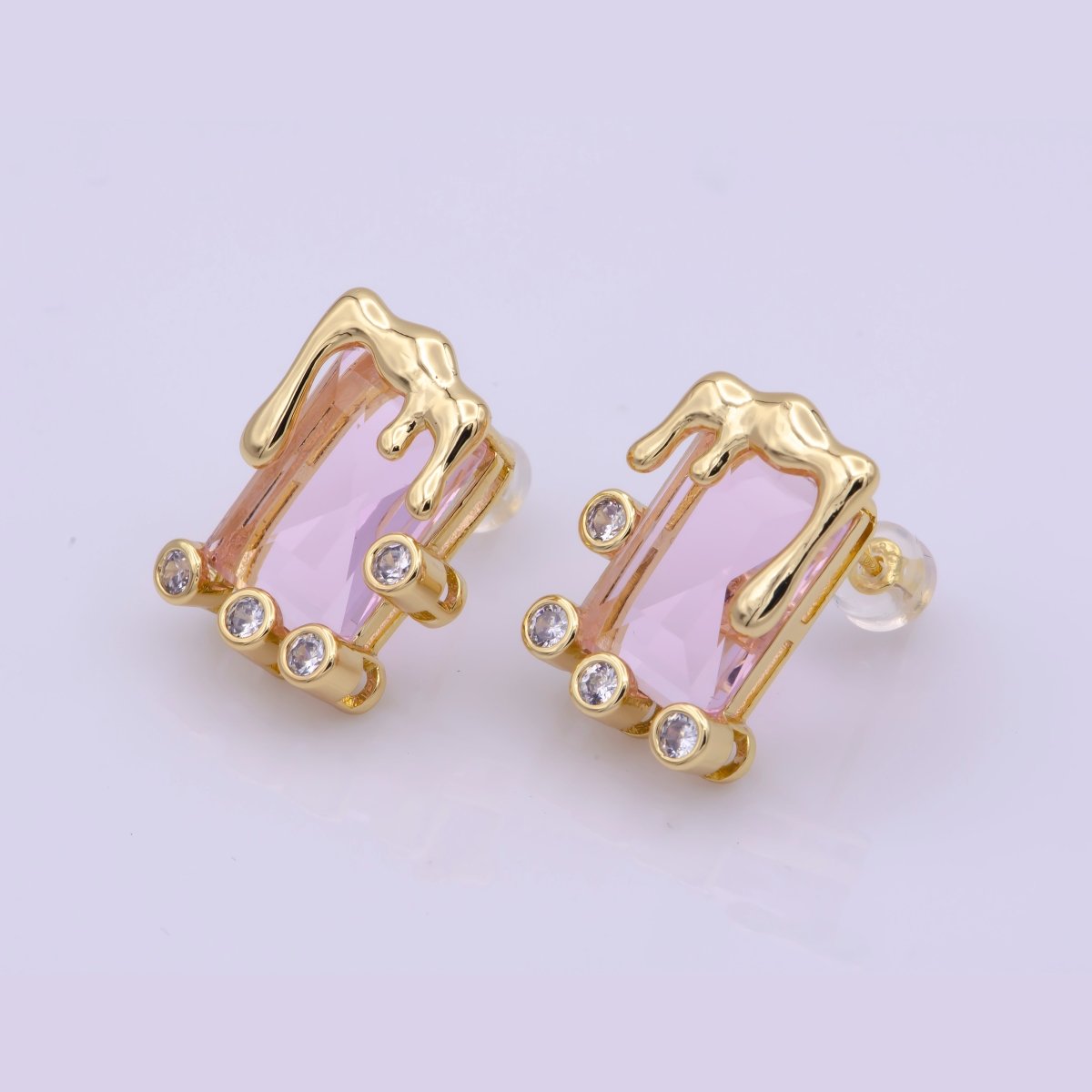 Dainty Square Stud Earring Melted Ice Cream Stud Earring Geometric Jewelry Clear Pink CZ Stud T-192 T-193 - DLUXCA