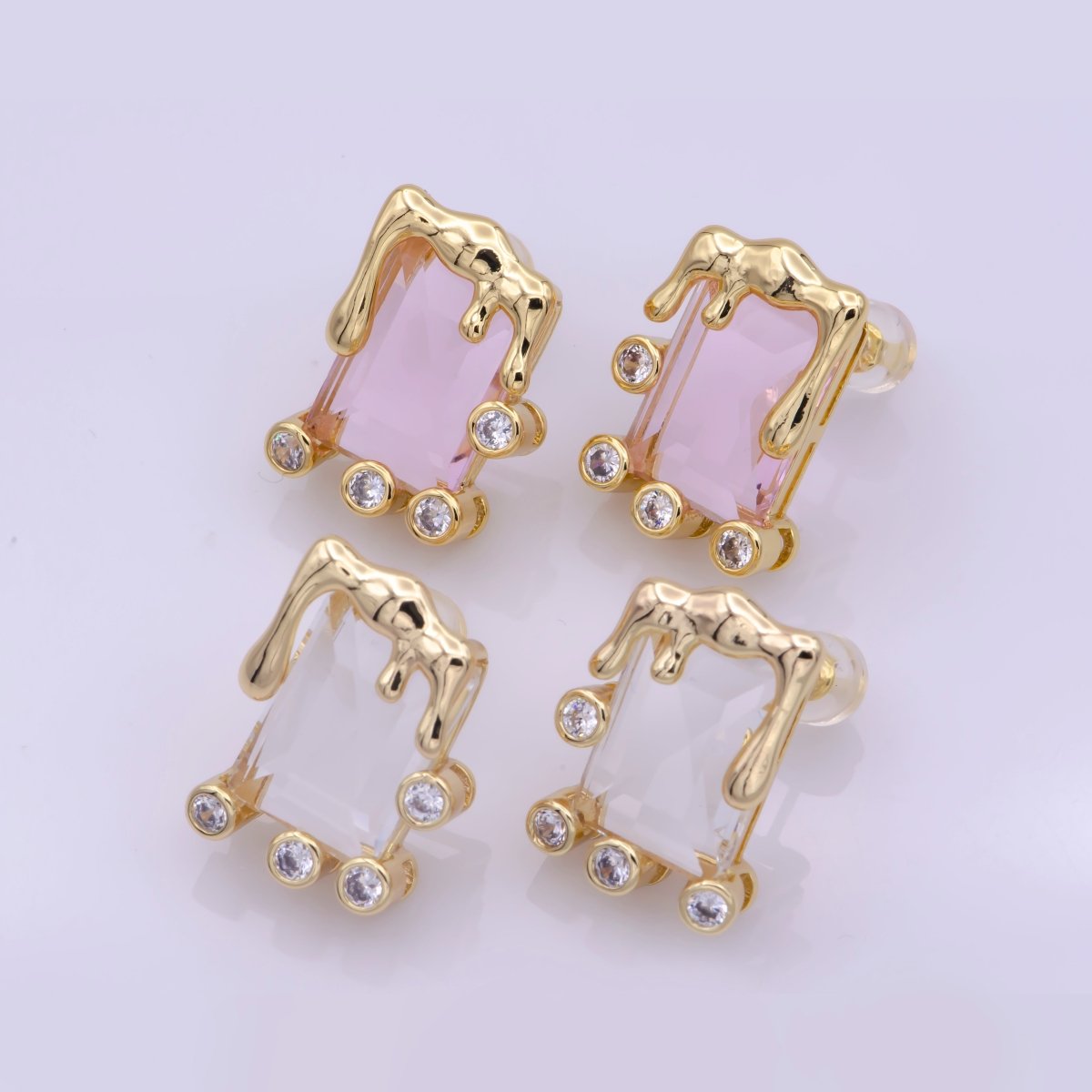 Dainty Square Stud Earring Melted Ice Cream Stud Earring Geometric Jewelry Clear Pink CZ Stud T-192 T-193 - DLUXCA