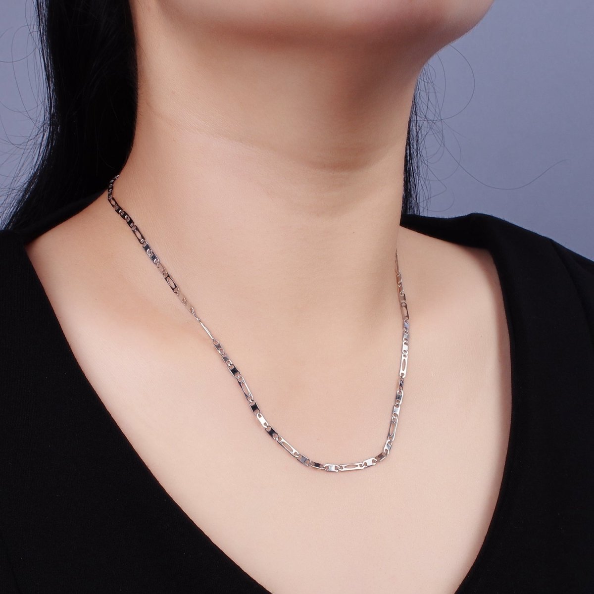 Dainty Stainless Steel 2.3mm Flat Anchor Figaro Chain 18 Inch Necklace in Silver | WA-2382 - DLUXCA