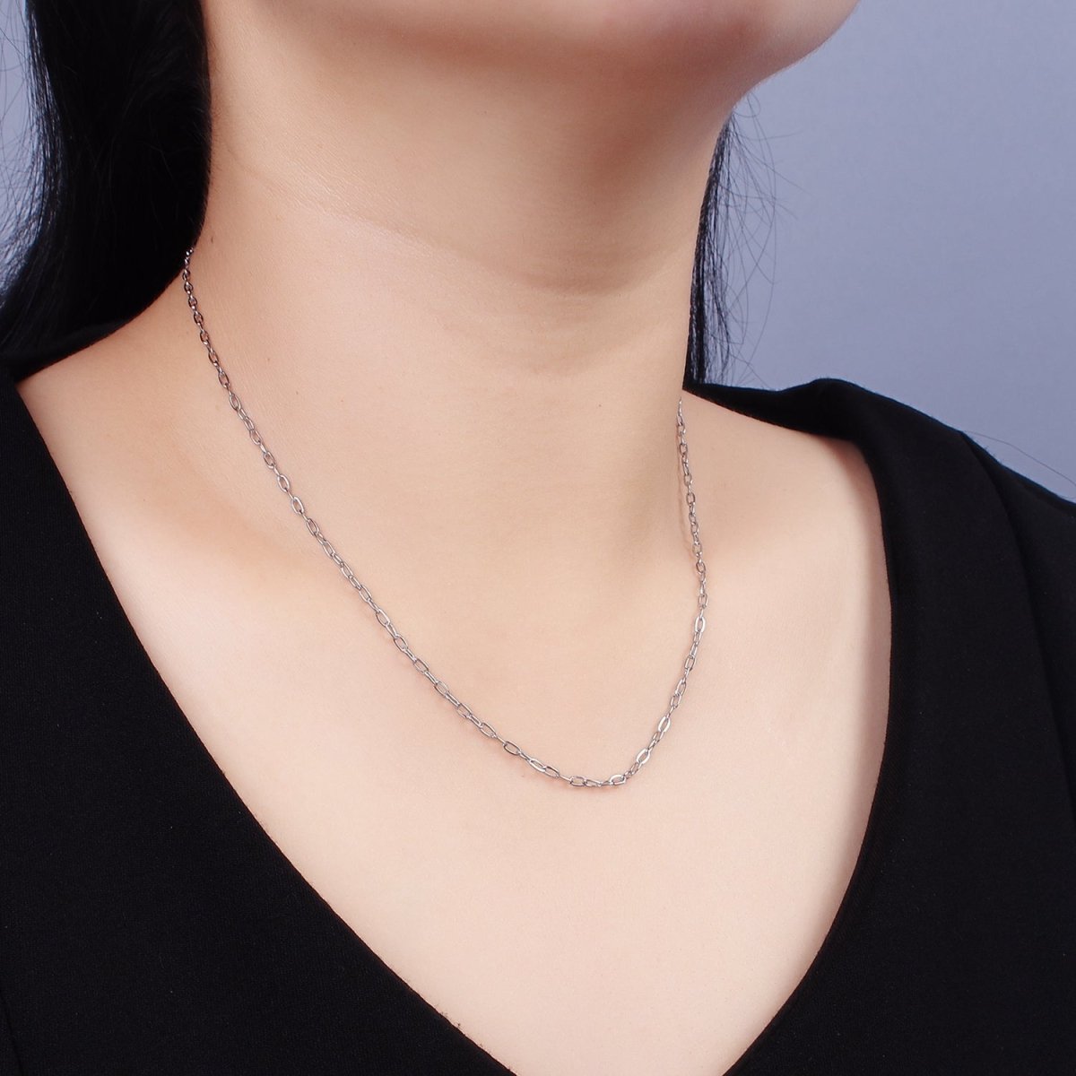Dainty Stainless Steel 2mm Oval Cable Link Chain 18 Inch Necklace in Silver | WA-2377 - DLUXCA