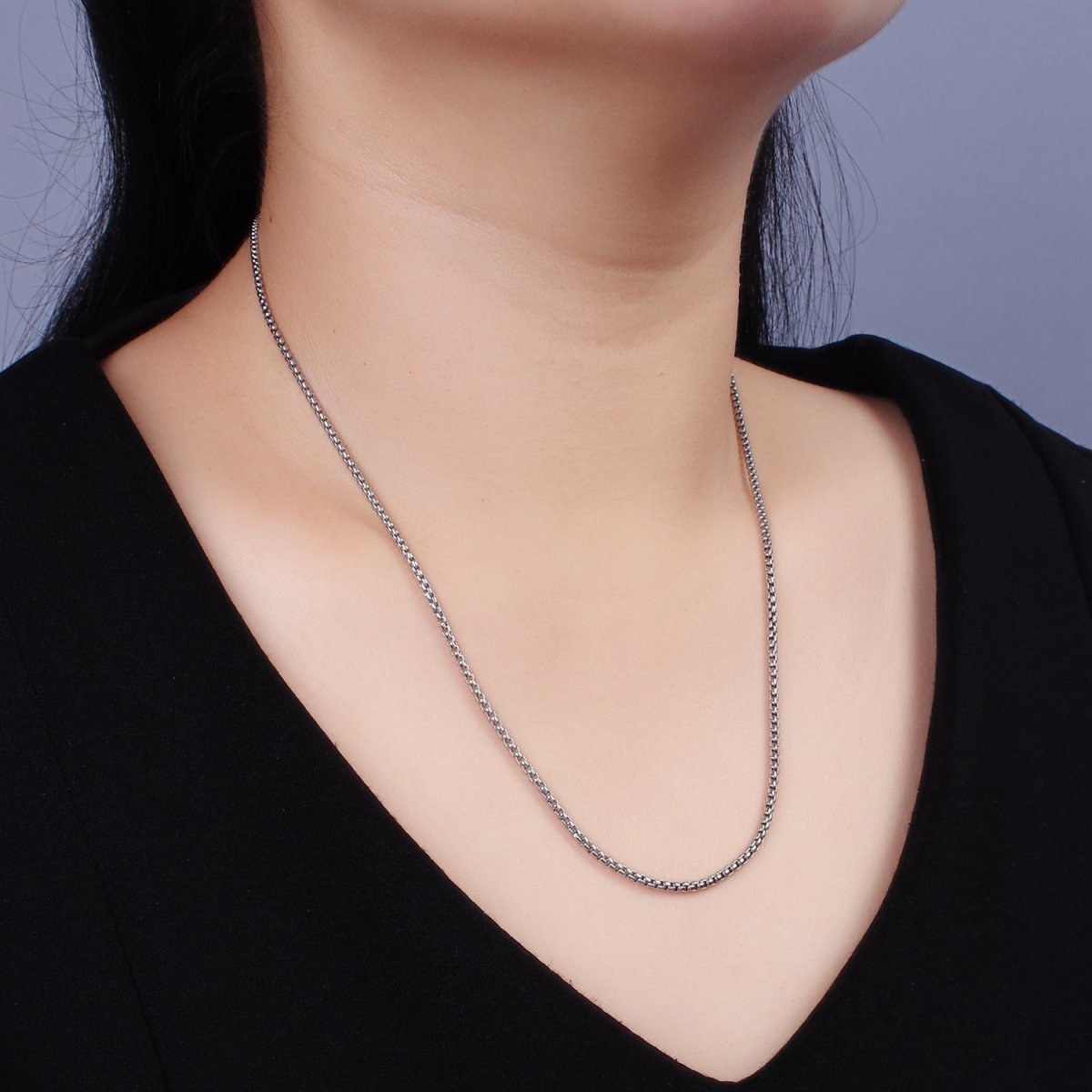Dainty Stainless Steel Box Chain Necklace 19.5 inch in Silver | WA-2400 - DLUXCA