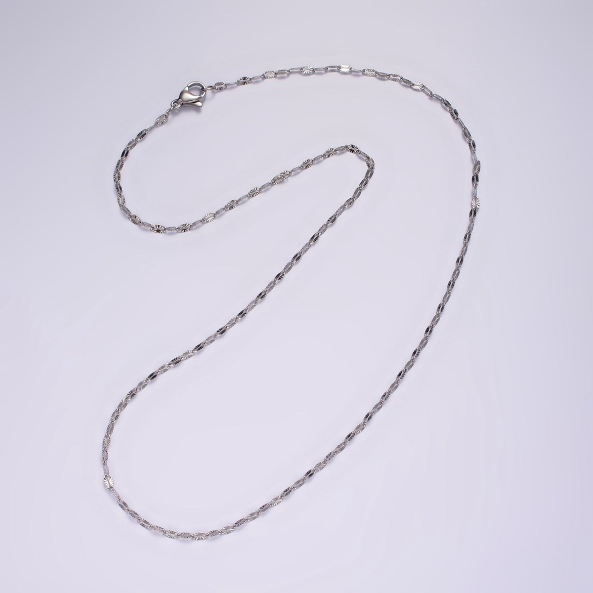 Dainty Stainless Steel Sunburst Diamond Cut Cable Chain Necklace 18 inch in Silver | WA-2404 - DLUXCA