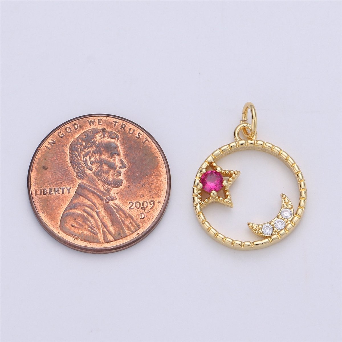 Dainty Star Disc Pendant- 14k Gold Fill CZ Moon Charm, Hollow Disc, Celestial Pendant, Micro Pave Charm, C-740 - DLUXCA