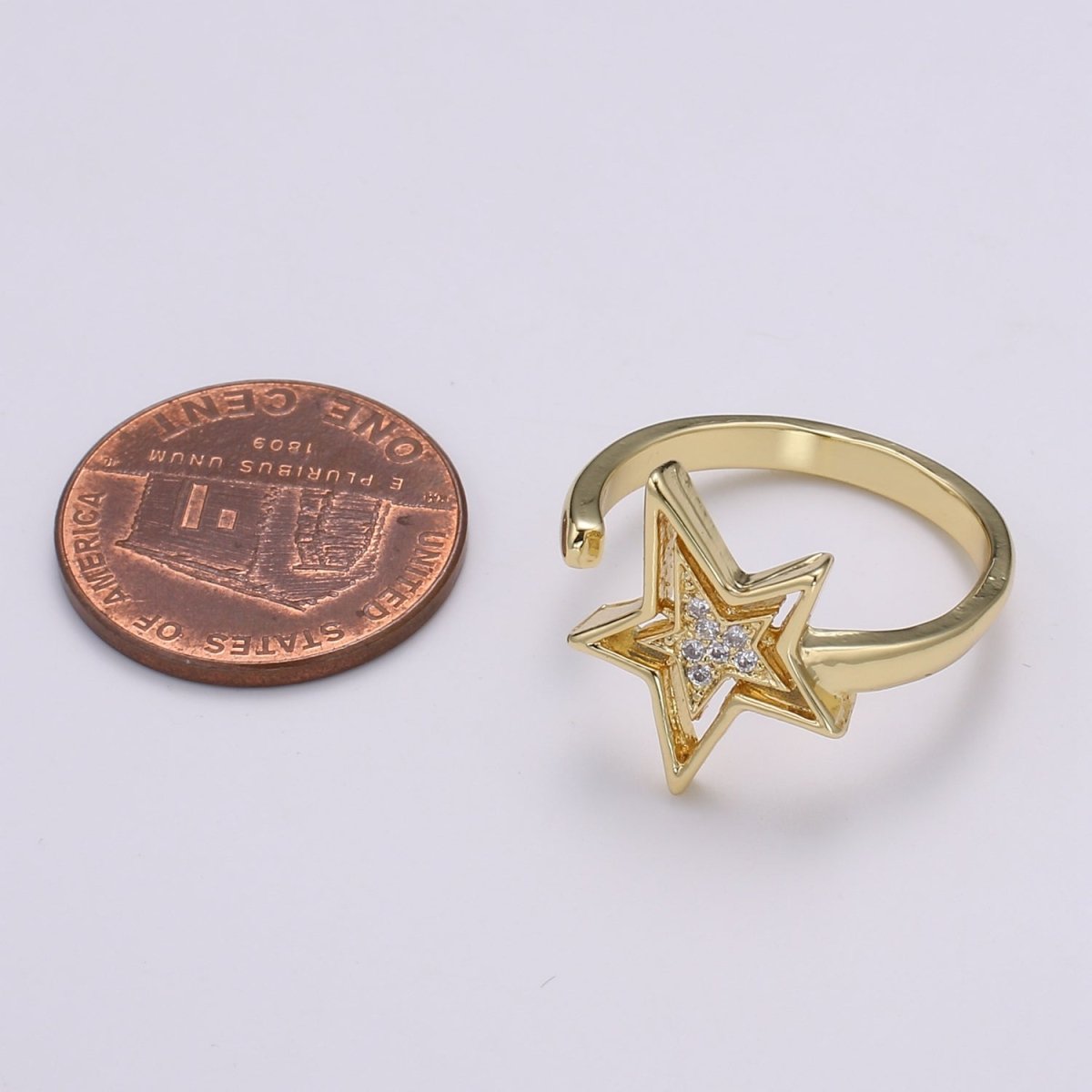 Dainty Star Ring 24K Gold Ring, CZ Celestial Ring Open Adjustable Gold Ring, Simple Gold Band R504 - DLUXCA