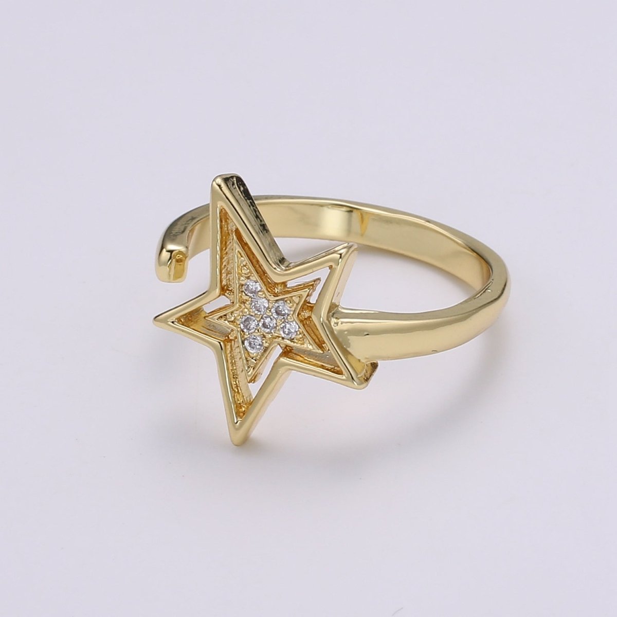 Dainty Star Ring 24K Gold Ring, CZ Celestial Ring Open Adjustable Gold Ring, Simple Gold Band R504 - DLUXCA