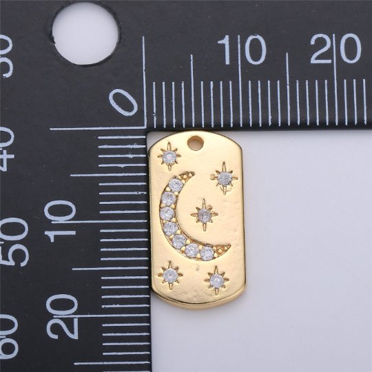 Dainty STARBURST Tag Pendant- 18k Gold Fill CZ North Star Charm, Textured Disc, Celestial Pendant, Micro Pave Charm C-678 - DLUXCA