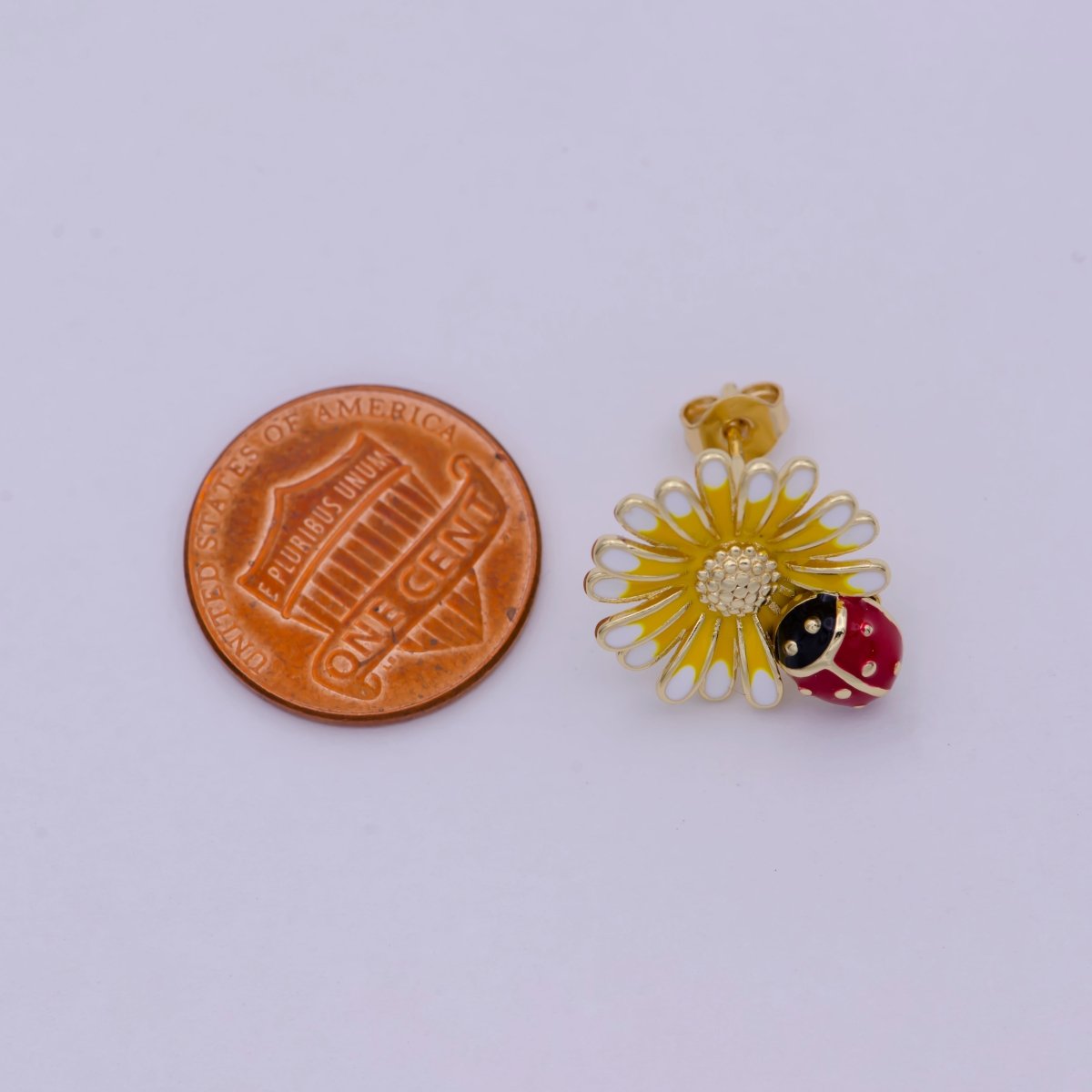 Dainty Sun Flower With Lady Bug Stud Earring Yellow Red Enamel T-261 - DLUXCA