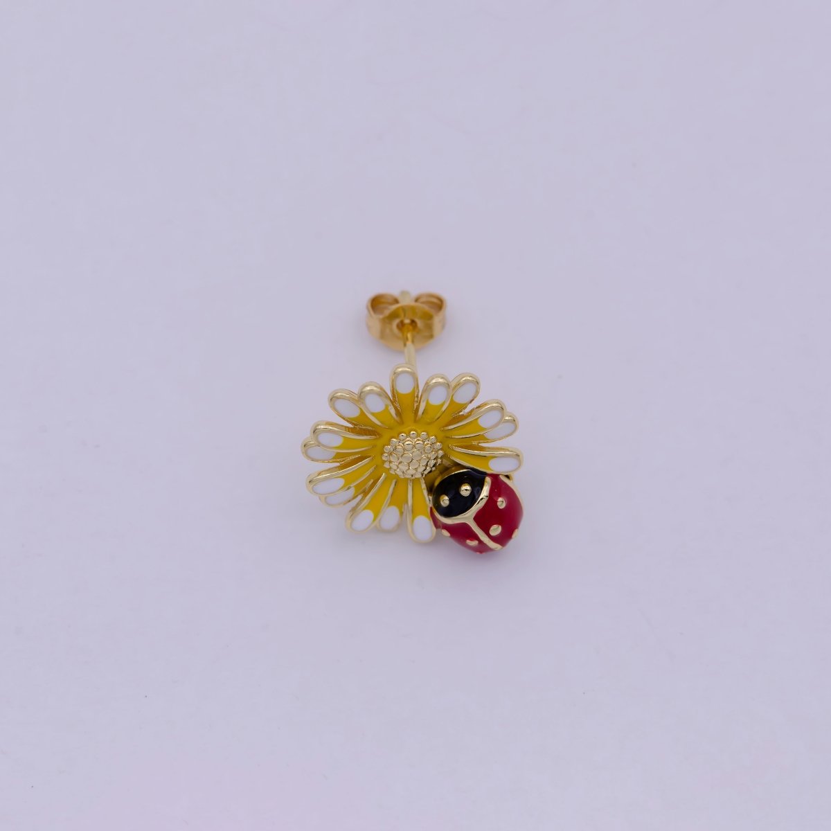 Dainty Sun Flower With Lady Bug Stud Earring Yellow Red Enamel T-261 - DLUXCA