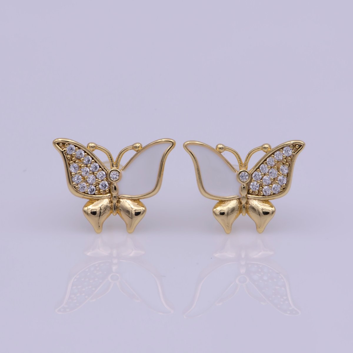 Dainty Teal, White Enamel, Crystal Zirconia CZ Butterfly Wings Gold Stud Earrings | T-225 T-226 - DLUXCA
