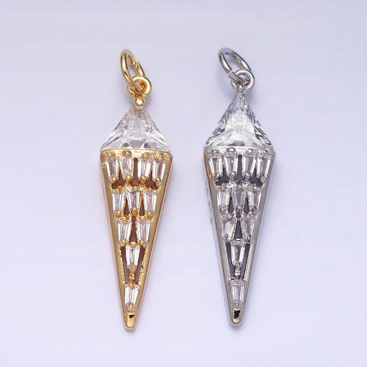 Dainty Triangle Clear Baguette Cubic Zirconia Charms Ice Cone Pendants Small Geometric Jewelry Gold, Silver AC469 AC470 - DLUXCA