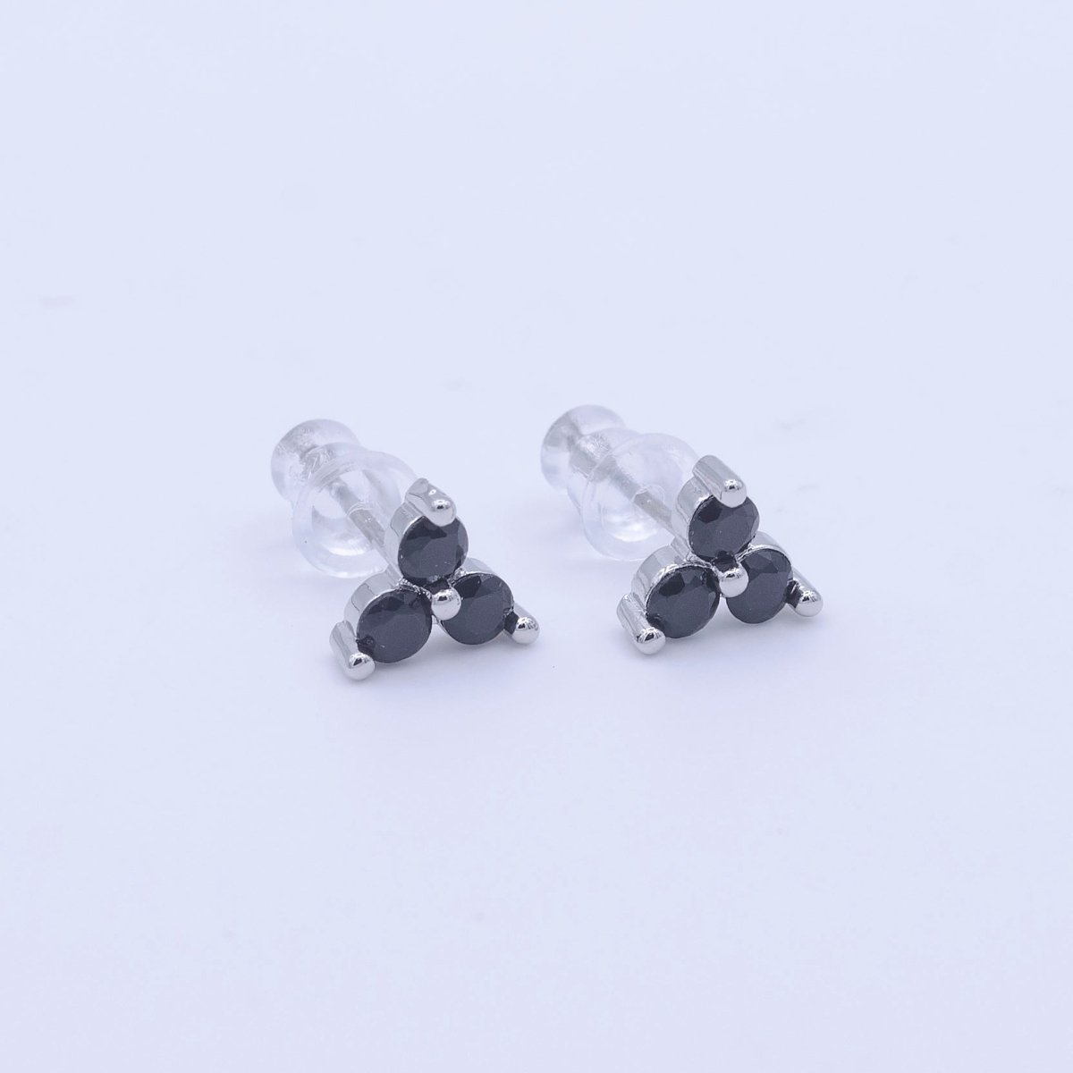 Dainty Triple Round Black CZ Silver Stud Earrings | Y-270 - DLUXCA