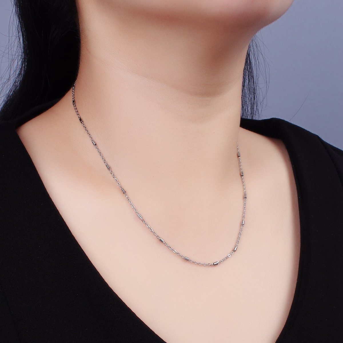 Dainty Tube Satellite Chain Necklace Stainless Steel 18 inch Tube cable Link Necklace in Silver | WA-2386 - DLUXCA