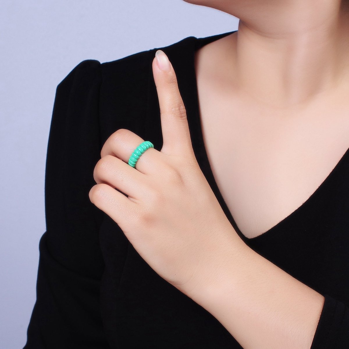 Dainty Turquoise Enamel Croissant Lined Y2K Ring for Single Lady | O-566 - DLUXCA
