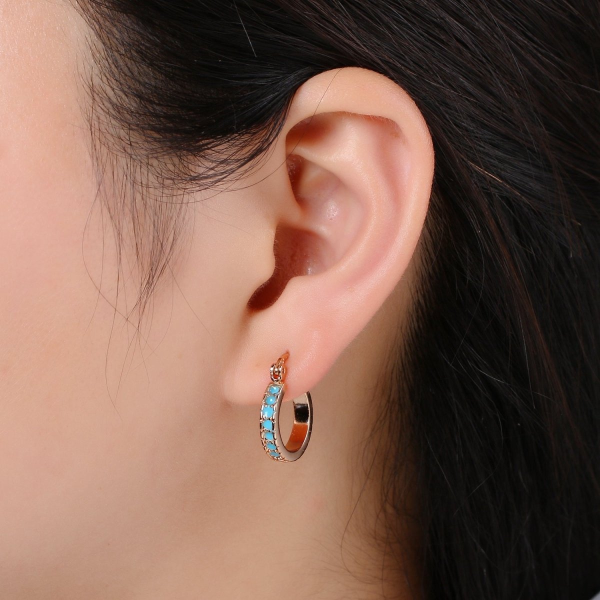 Dainty Turquoise Hoop Cz Earring Gold Filled Earring Everyday Wear Minimalist Jewelry P-180 - DLUXCA