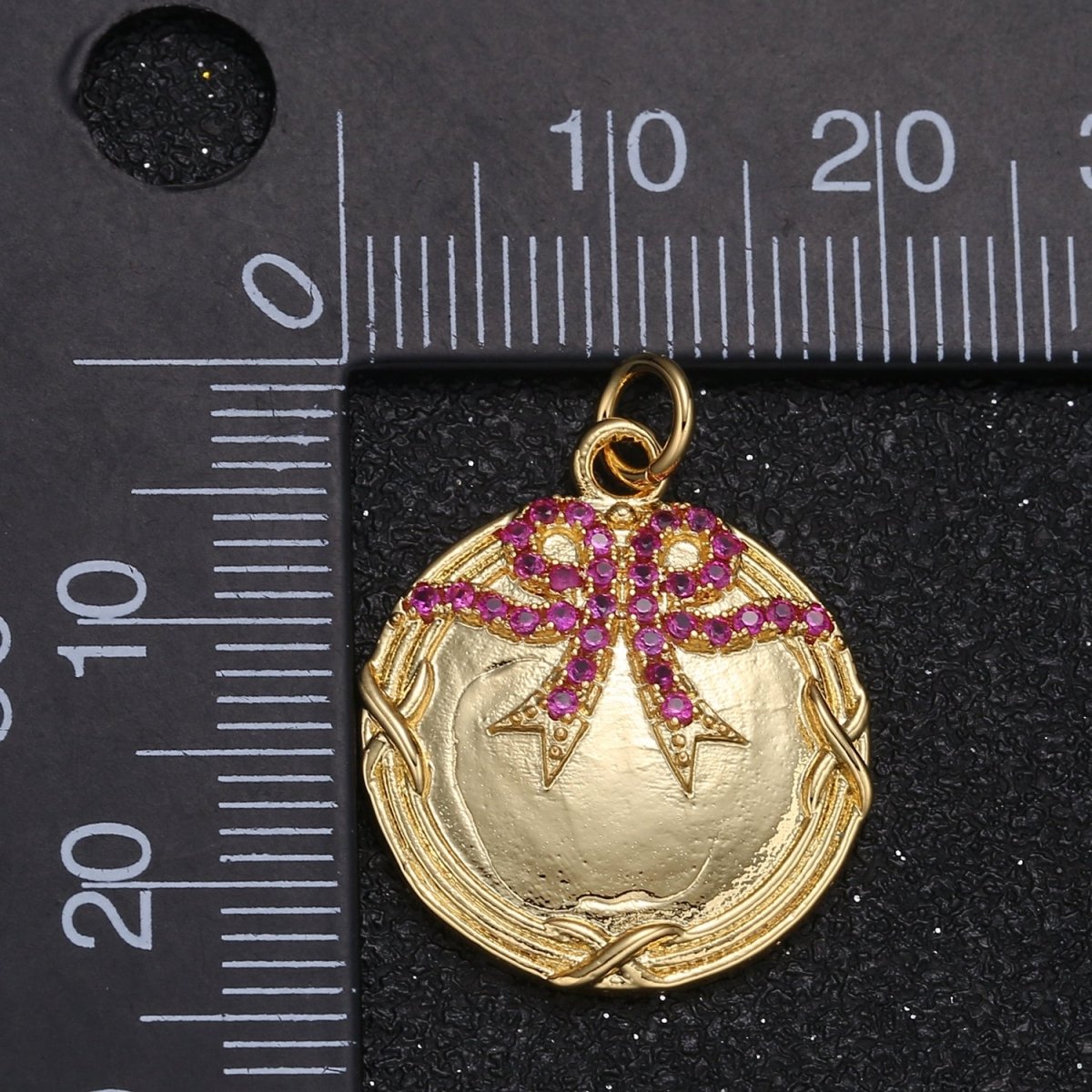 Dainty Twin Crystal Ribbon on Golden Rustic Coin Charm CZ Crystal Purple Ribbon Gold Plated Geometric Charm Pendant GP-022 - DLUXCA