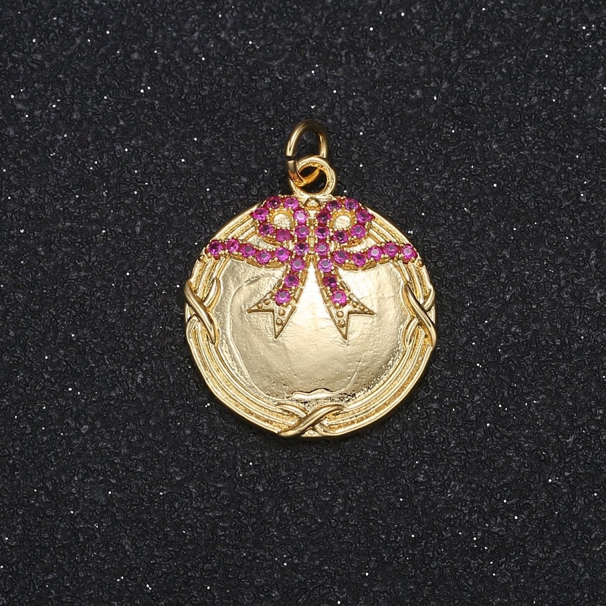 Dainty Twin Crystal Ribbon on Golden Rustic Coin Charm CZ Crystal Purple Ribbon Gold Plated Geometric Charm Pendant GP-022 - DLUXCA