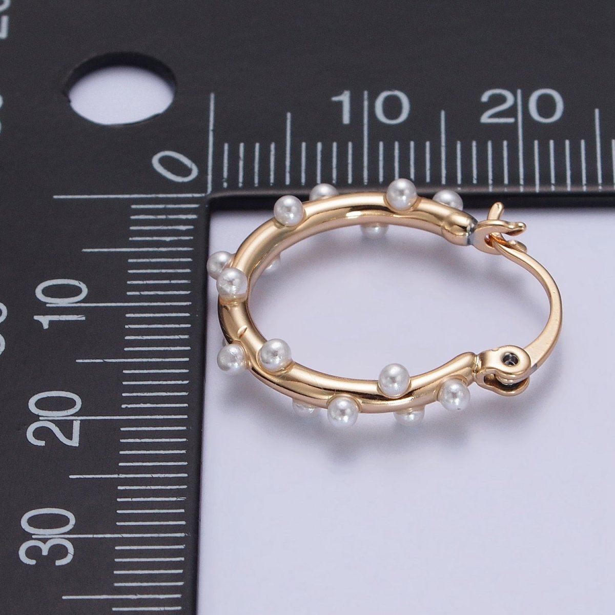 Dainty White Pearl Dotted 21mm Gold Hoop French Lock Latch Earrings | AB129 - DLUXCA