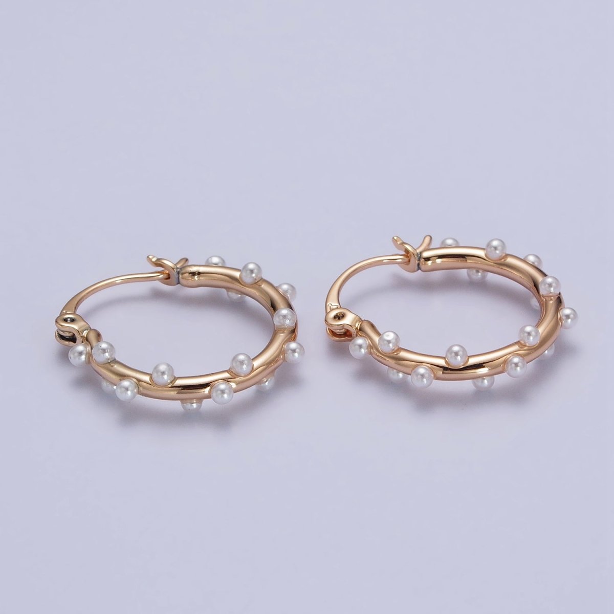 Dainty White Pearl Dotted 21mm Gold Hoop French Lock Latch Earrings | AB129 - DLUXCA