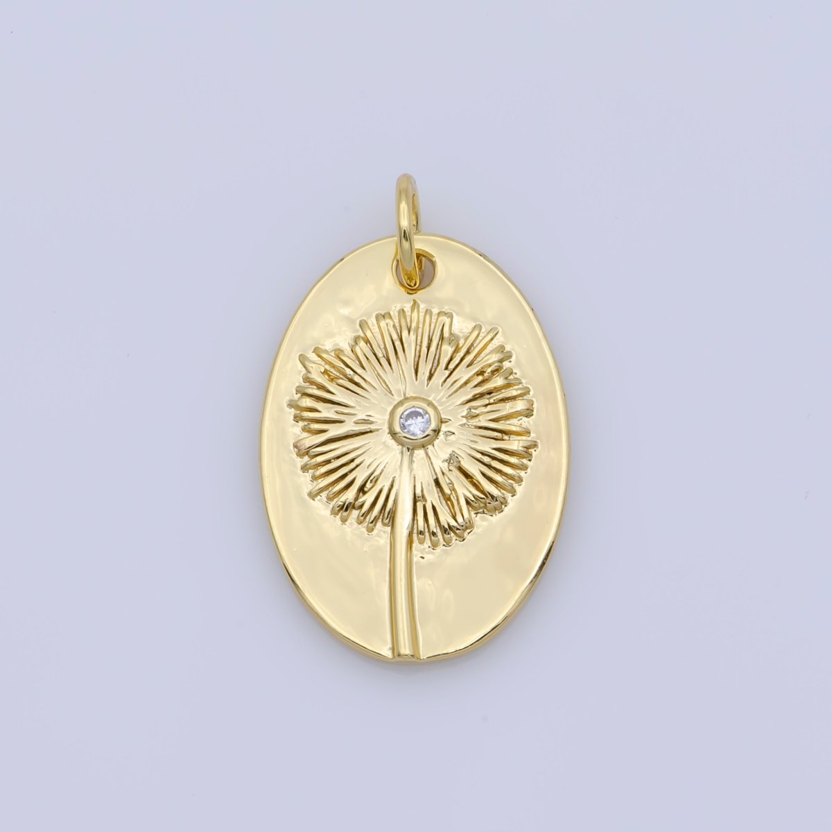 Dandellion Flower Charm 14k Gold Filed Dainty Floral Medallion Charm Oval Rustic Pendant for Minimalist Jewelry Supply M-392 - DLUXCA