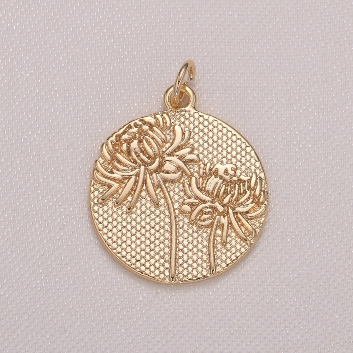 Dandellion Gold Medal Rustic Coin Charm, Gold Plated Floral Nature Medallion Charm Pendant GP-940 - DLUXCA