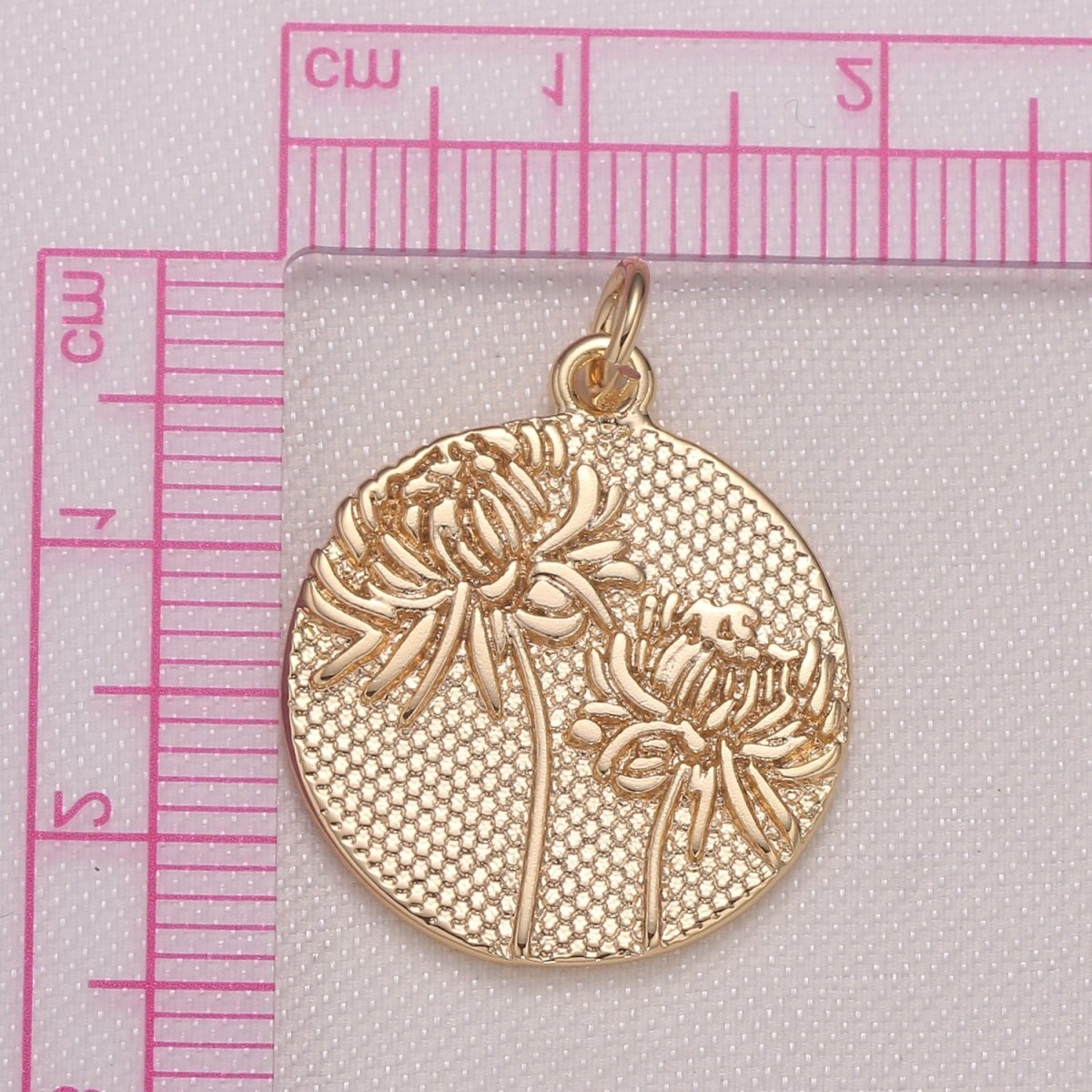 Dandellion Gold Medal Rustic Coin Charm, Gold Plated Floral Nature Medallion Charm Pendant GP-940 - DLUXCA