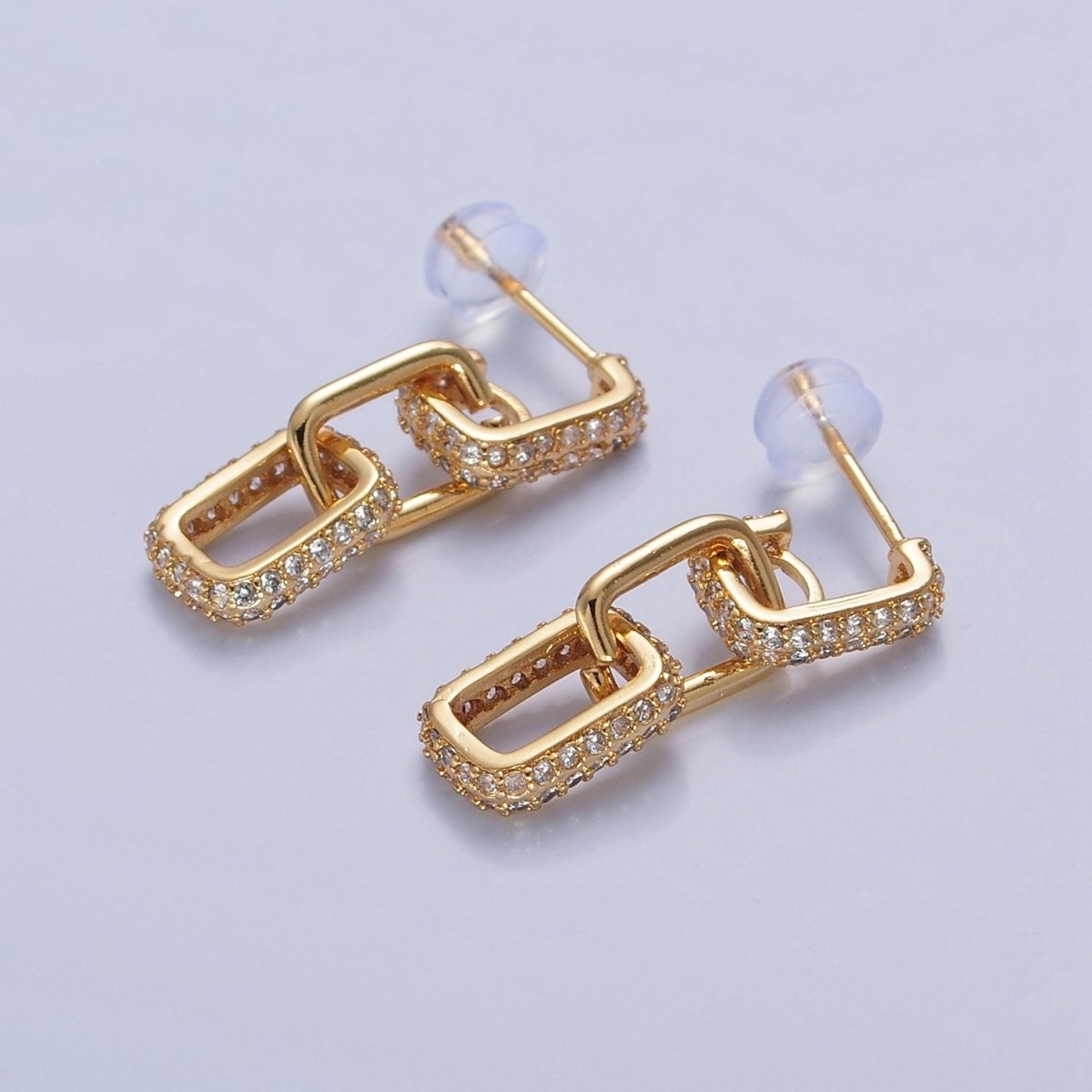 Dangle Square CZ Link Stud Earring in 24k Gold Filled T-518 - DLUXCA