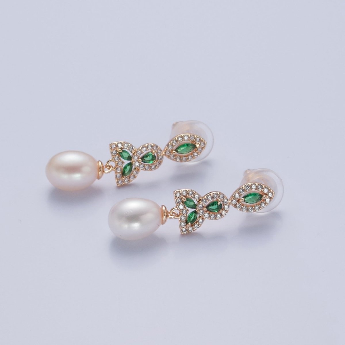 Dangle White Pearl Stud Earring with Gold Green Pave Flower for Wedding Jewelry T-532 - DLUXCA