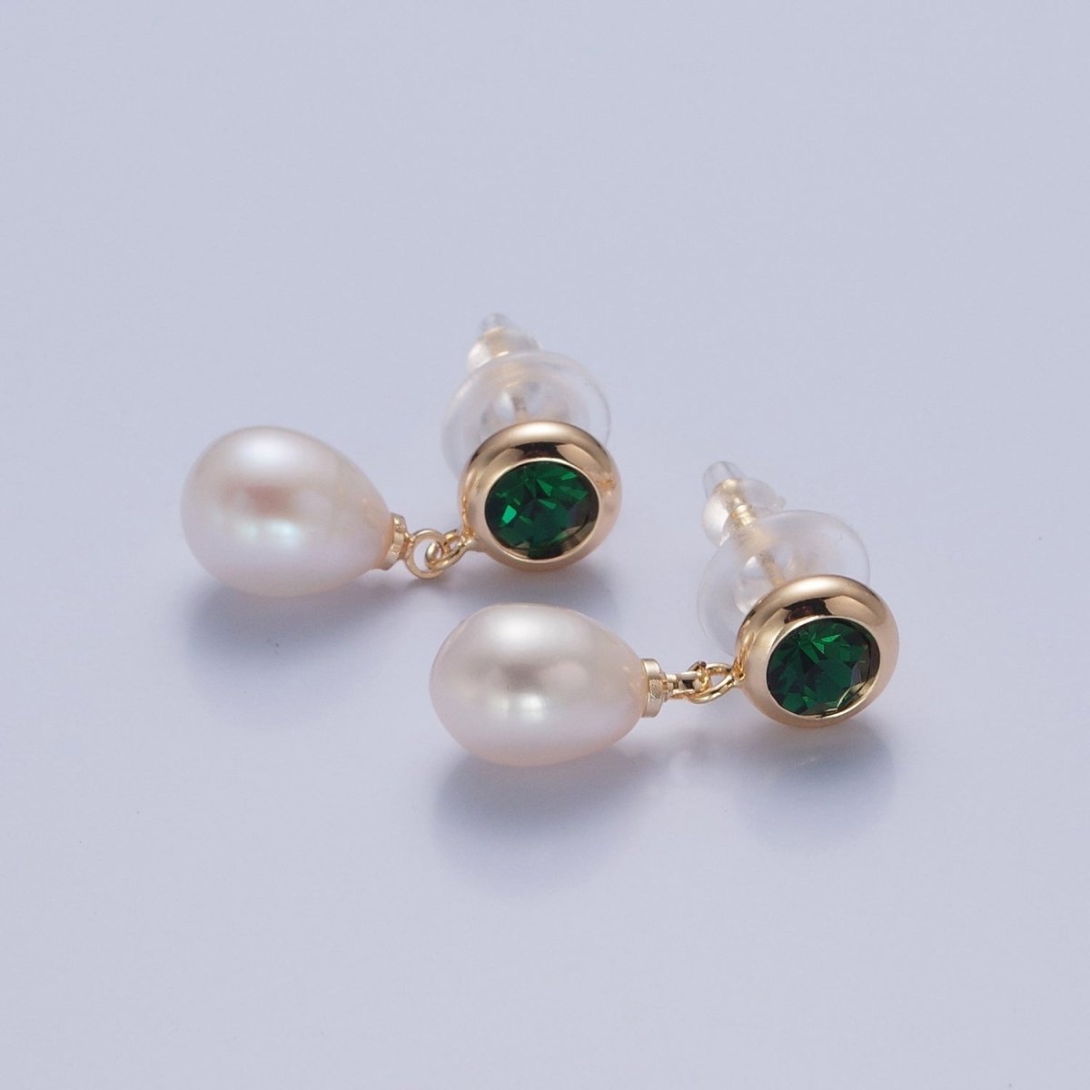Dangle White Pearl Stud Earring with Green Emerald CZ for Wedding Jewelry T-536 - DLUXCA