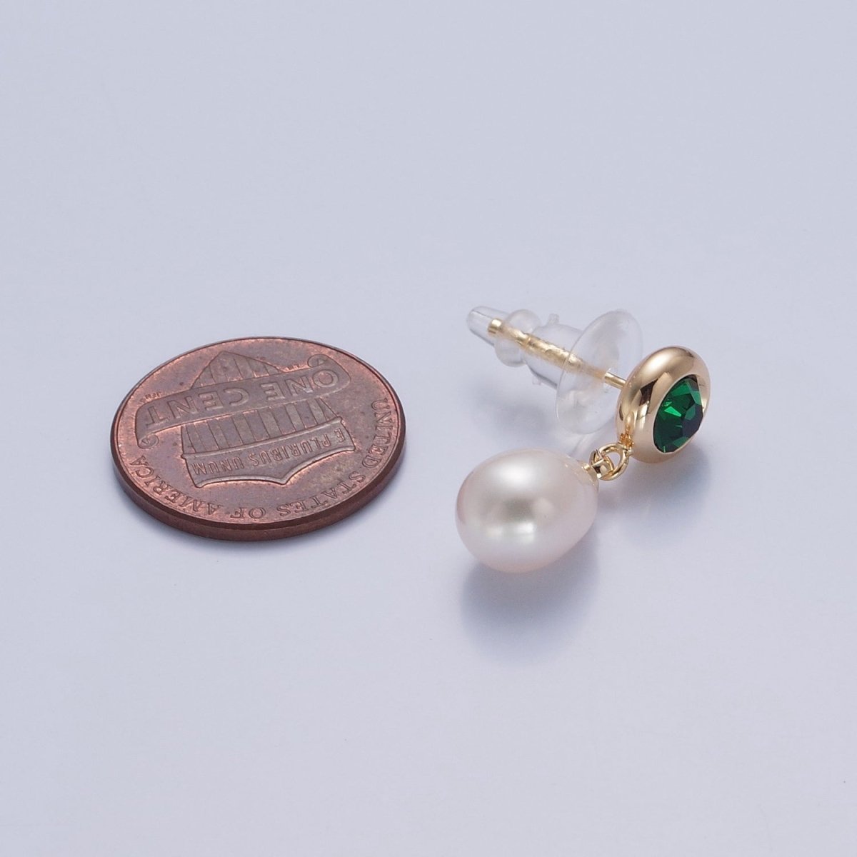 Dangle White Pearl Stud Earring with Green Emerald CZ for Wedding Jewelry T-536 - DLUXCA