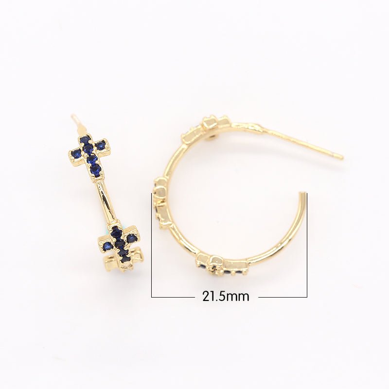 Dark Blue Crystal Cross Round Stud Earrings CZ Christian Cross Symbol Micro Pave Earring Jewelry GP-914 - DLUXCA