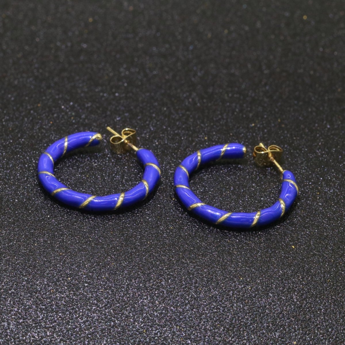 Dark Blue Enamel Hoop Earring with Gold Swirl 26mm Hoop earring Jewelry Gift T-002 - DLUXCA