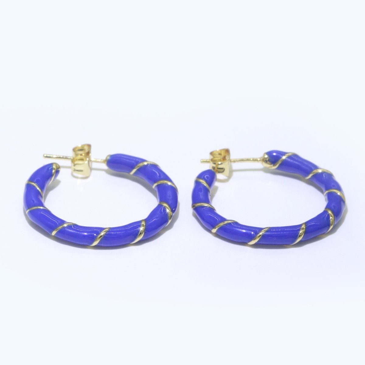Dark Blue Enamel Hoop Earring with Gold Swirl 26mm Hoop earring Jewelry Gift T-002 - DLUXCA