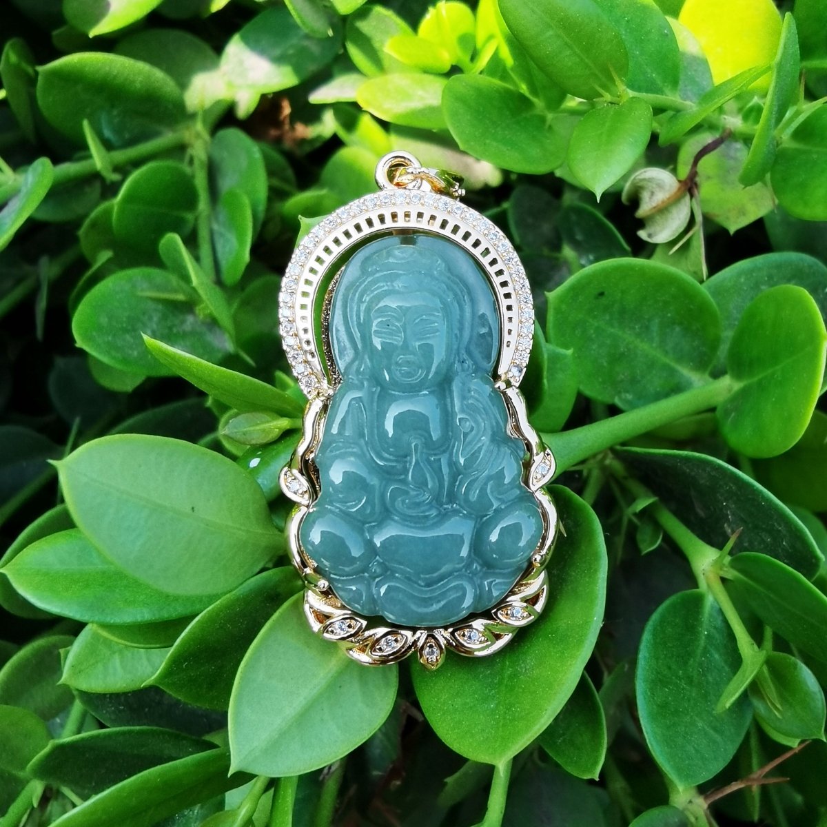 Dark Green Buddha Jade Gold Filled Pendant O-167 - DLUXCA