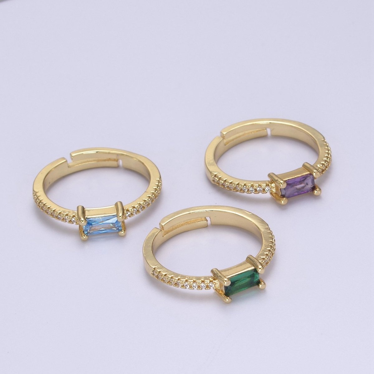 DEL-24K Gold Filled Dainty Emerald Green, Blue, Purple Baguette Crystal Zirconia CZ Adjustable Band Ring U-300~U-302 - DLUXCA