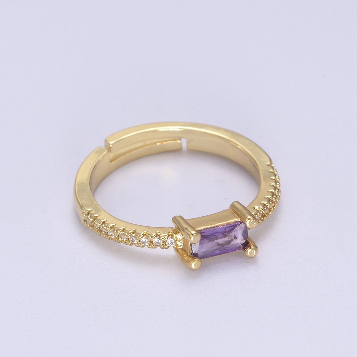 DEL-24K Gold Filled Dainty Emerald Green, Blue, Purple Baguette Crystal Zirconia CZ Adjustable Band Ring U-300~U-302 - DLUXCA