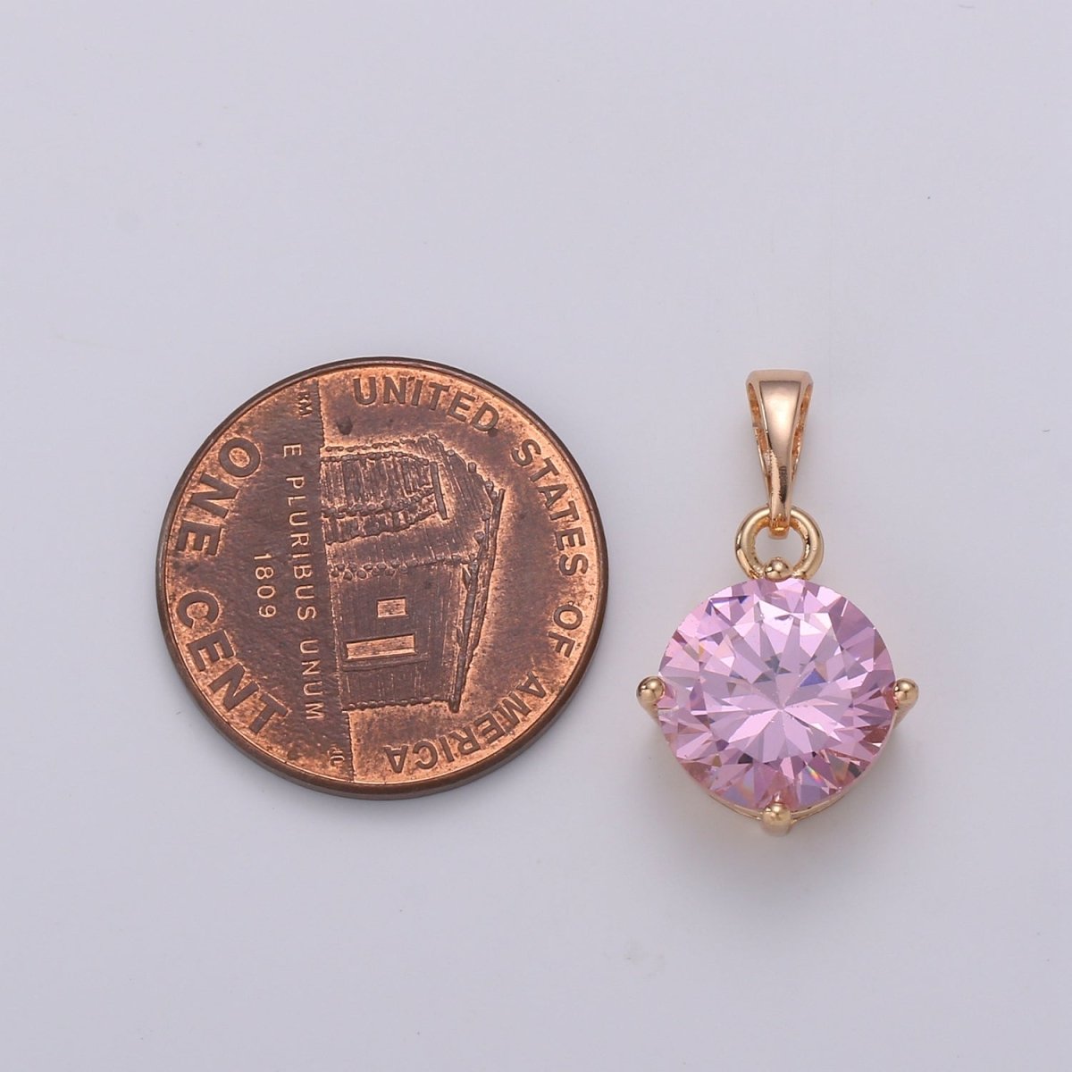 DEL- Gemstone Round Charm, Pink Solitaire Cz Pendant, 20x10mm, 18k Gold Filled Pendant Dangle Jewelry, Necklace Earring Valentine Gift J-098 - DLUXCA